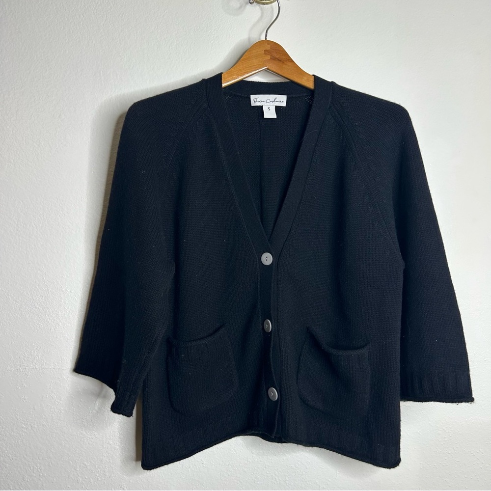 Revive Cashmere Merino Wool Cashmere Black Boxy Cropped Knit Button Cardigan - Picture 2 of 15